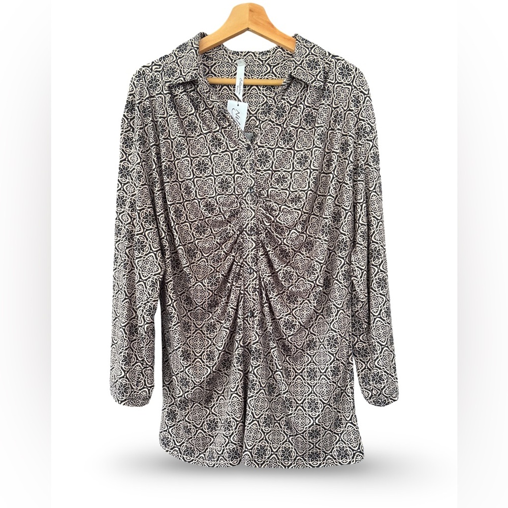 NY COLLECTION WOMEN 3/4 ROLL TAB ROUCHED-FRONT TOP 3X